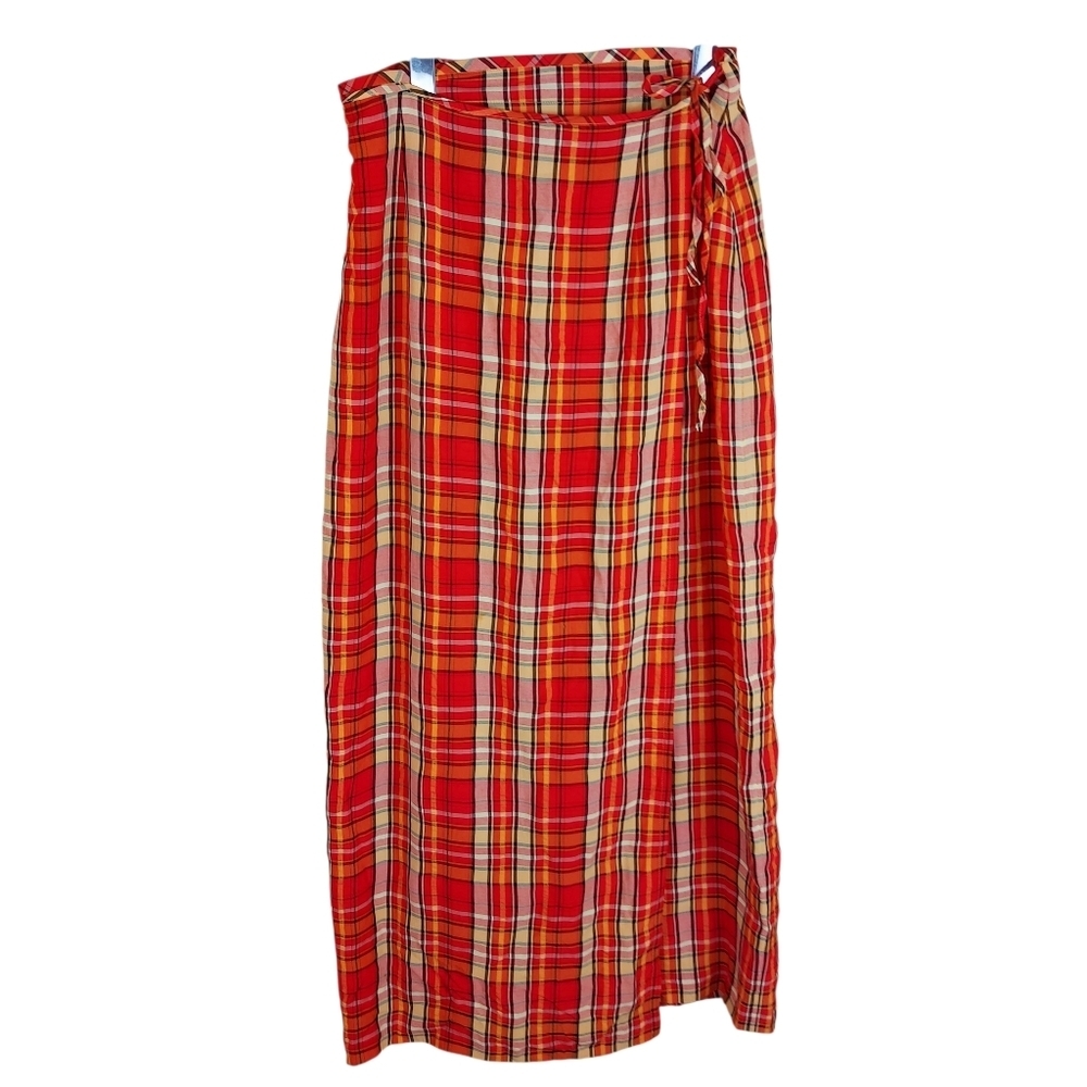 Betty Barclay Coral Plaid Wrap Pannel Maxi Skirt Size 38 Back Zip